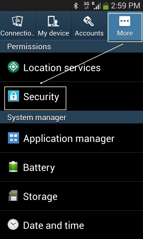 Security Setting Samsung Galaxy Ace 3