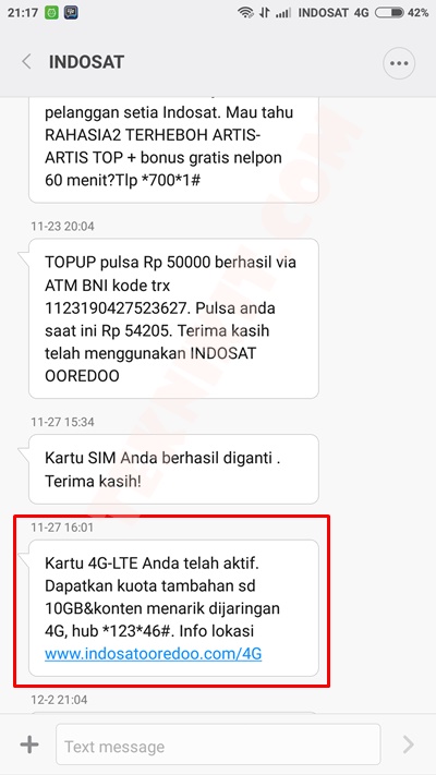 SMS Kartu 4G Indosat Telah Aktif